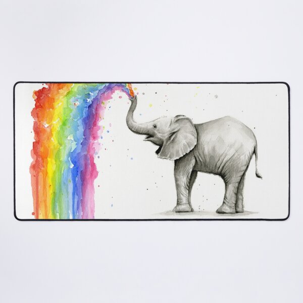 Baby Elephant Spraying Rainbow Desk Mat
