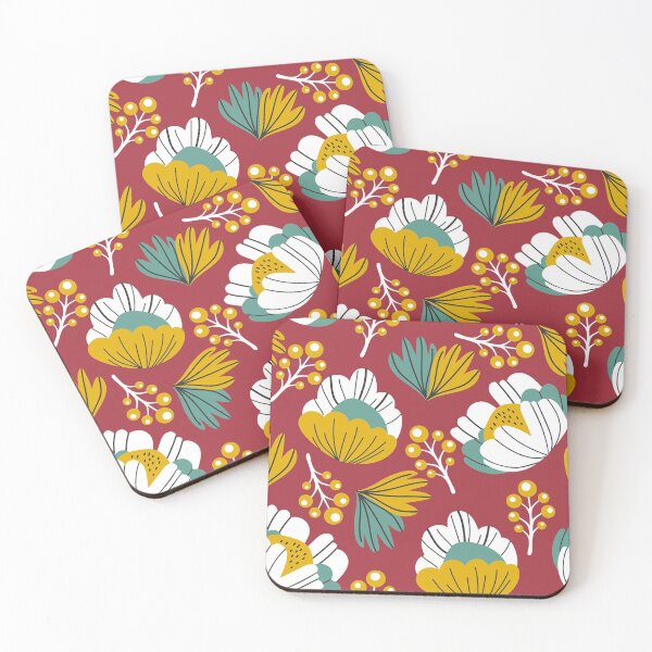 Item preview, Modern colorful flower pattern, yellow, turquoise, white and burgundy  designed and sold by TheHappyDoe.