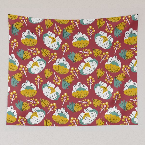 Item preview, Modern colorful flower pattern, yellow, turquoise, white and burgundy  designed and sold by TheHappyDoe.