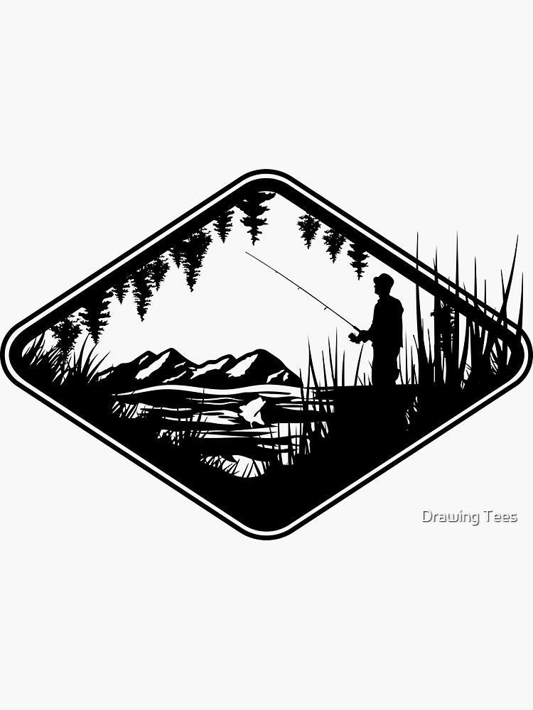 Fishing man with rod and fish jumping out of the water, mountain, tree,  grass silhouette Sticker for Sale by Drawing Tees