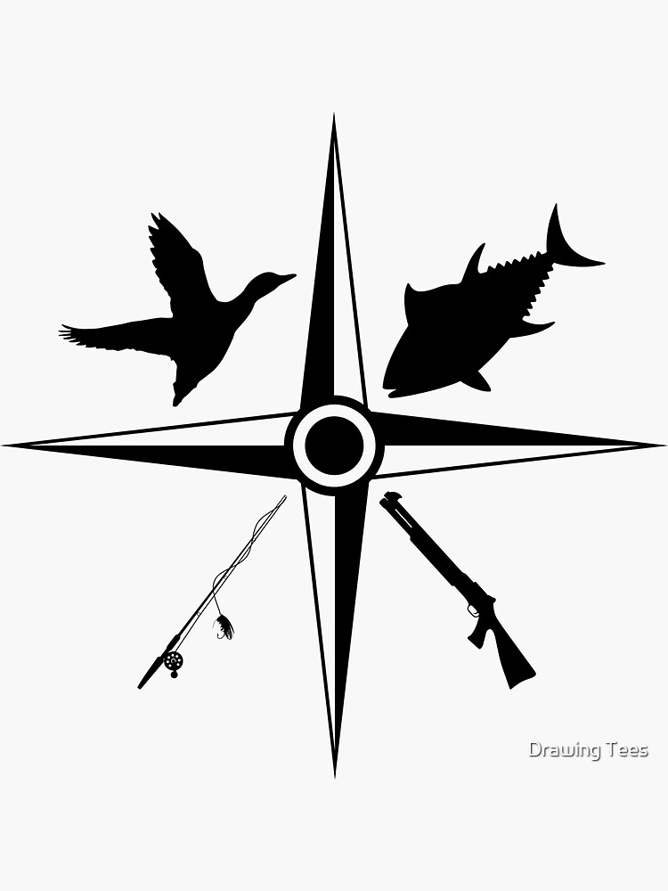 Compass with fishing rod, fish, lure, hunting, gun, duck, hook, reel  Sticker for Sale by Drawing Tees