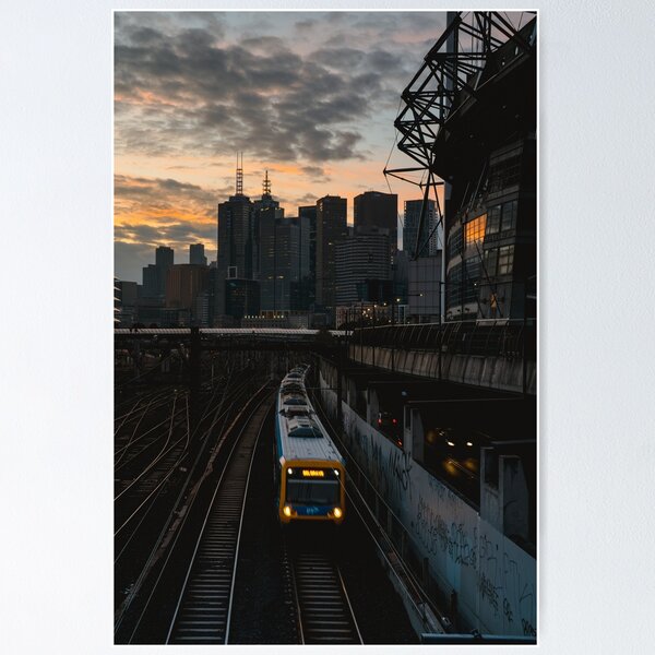 Item preview, Melbourne City Skyline and Train at Sunset  designed and sold by JonesyDave.