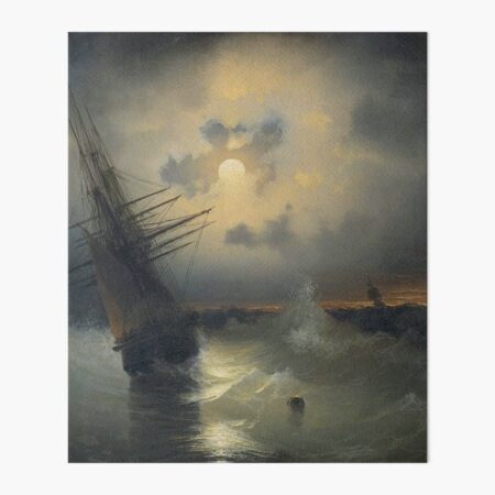 Ivan Aivazovsky (1817 - 1900): A Sailing Ship on a High Sea by Moonlight,  1840s, Oil on board, 24.6 x 19.2 cm | Art Board Print