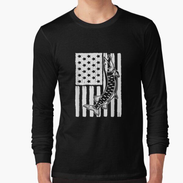 American Flag Muskellunge Fish Lover Theme Muskie Long Sleeve T-Shirt