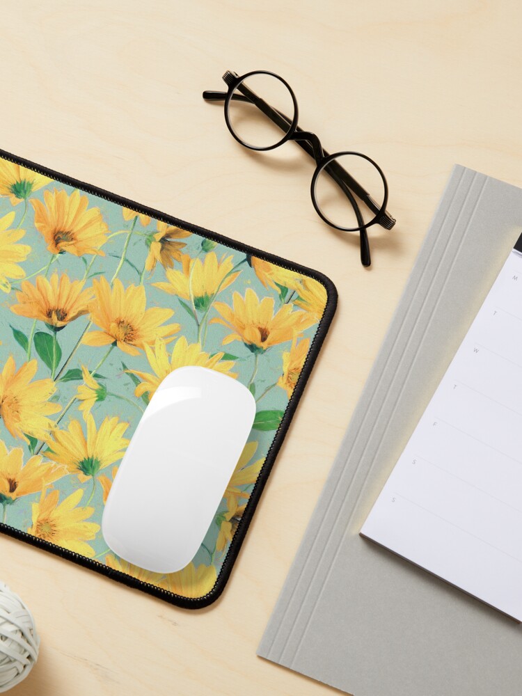 Alternate view of Painted Golden Yellow Daisies on soft sage green Mouse Pad