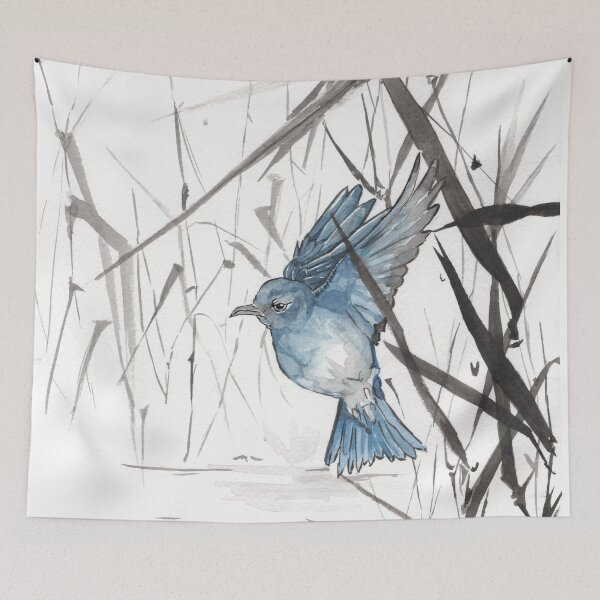 Artikelvorschau, Mountain Bluebird Aquarell - Chinesische, Japanische Malerei - Asiatische Kanji-Kunst - Vogelkunst - Aquarelle Peinture Animaux entworfen und verkauft von ArtProvocation.