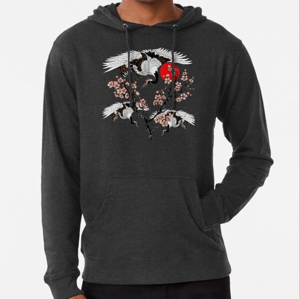 Japanese Cranes with Blooming Sakura and Red Sun Lightweight Hoodie