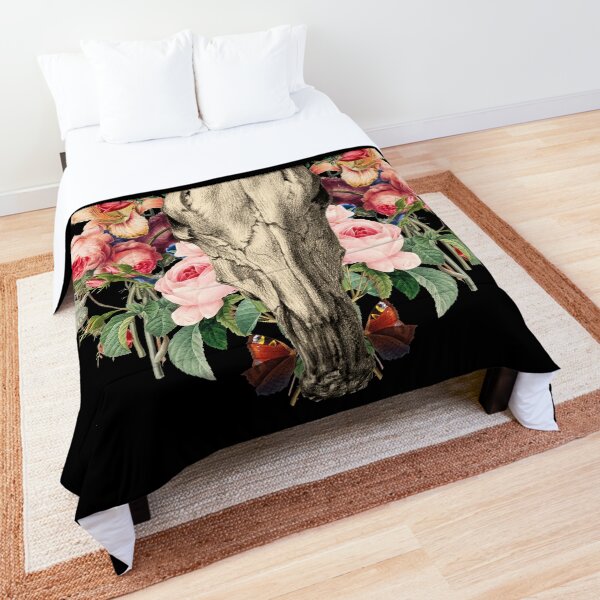 Animal Skull Flowers Mirror Image Statement Piece Comforter