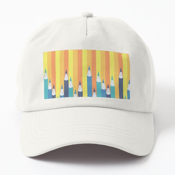 Verschiedene blaue Farbtöne Bleistiftmuster mit gelb, orange und rot gestreiften bunten Hintergrund Dad Hat