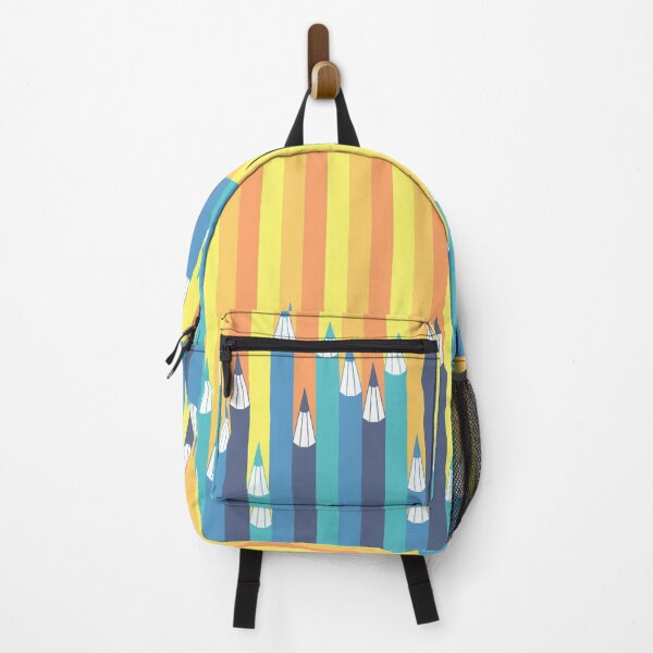 Item preview, Different blue shades pencils pattern with yellow, orange and red striped colorful background designed and sold by CiniArt.