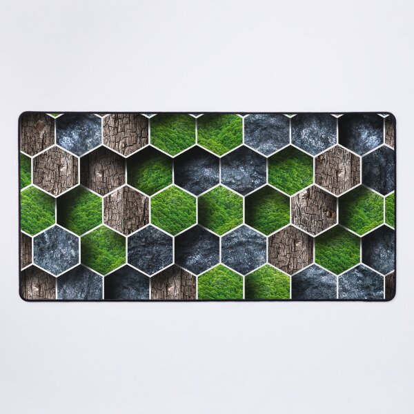 Item preview, 3D feel hexagon geometric shape pattern with black rock, wood and green nature texture tiles designed and sold by CiniArt.