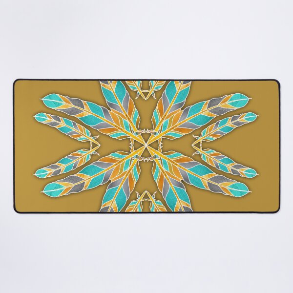 Item preview, Symmetrical golden and turquoise feathers with gradient turquoise and blue background and white geometric diamond shapes designed and sold by CiniArt.