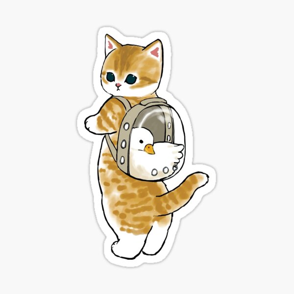 Mofu Sand Cute Cat Drawing Carrying His Little Duck Friend In His Glass Backpack Sticker