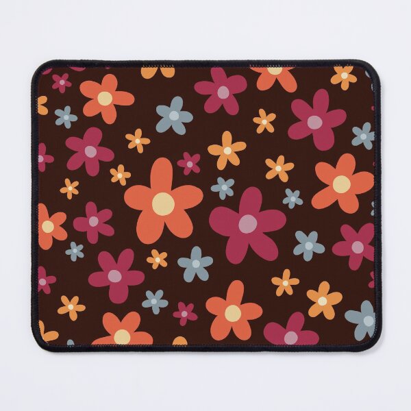 Spring Theme Colorful Red Yellow Blue Orange Tiny Floral Pattern Flowers on Dark Brown Background Mouse Pad