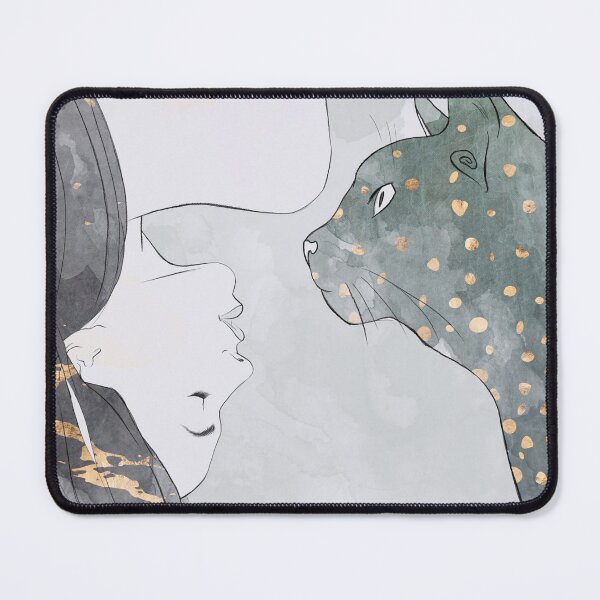 Item preview, Woman Cat Kitten Drawing Pet Girl Art Dreamy Grey Gold Splatter designed and sold by livianasgifts.
