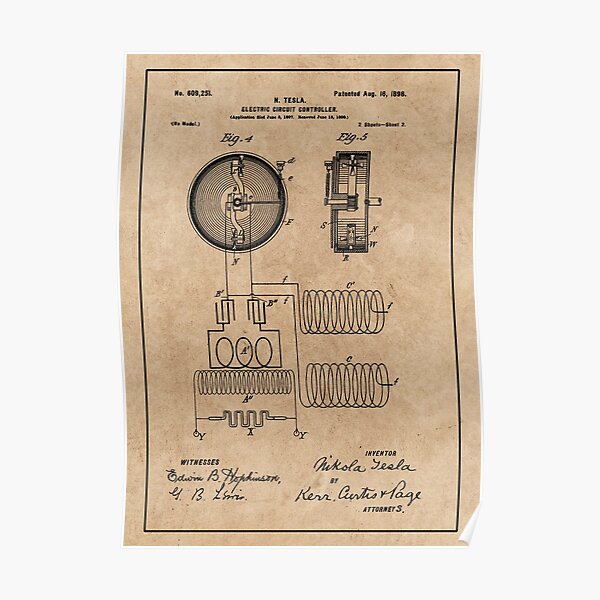 Nikola Tesla Electric Circuit Controller Blueprint Patent 1898 Part Ii Tesla Poster For 2285