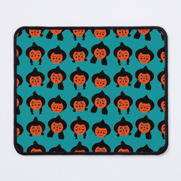 Item preview, Fire Orange & Ocean Teal Cute Witch Faces Pattern designed and sold by Jelly Turnip.