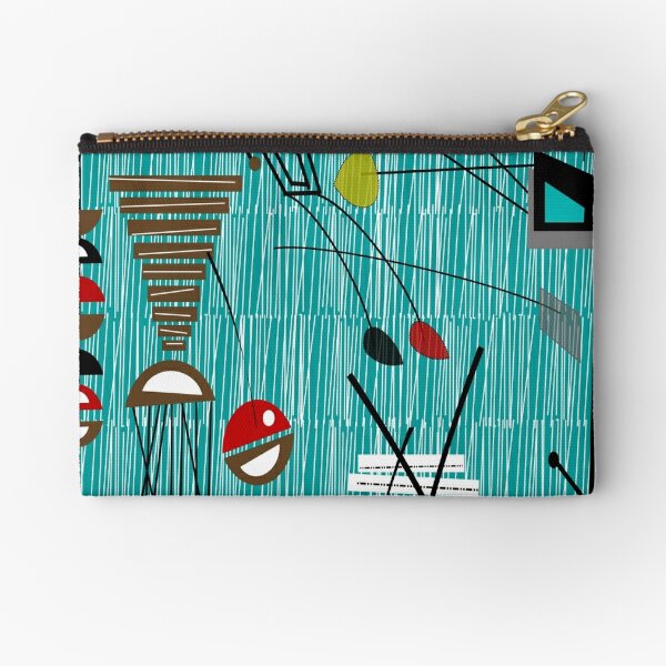 Mid Century Modern Atomic Cat, Geometric Print, Beige, Yellow, Orange, Retro Mod Zipper Wallet