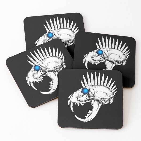 Item preview, Long-fanged Cat Skull with Spiked Mohawk and Blue, Glowing Eyes designed and sold by RawSunArt.