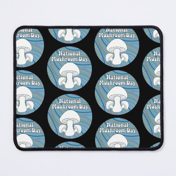 Item preview, National Mushroom Day - light blue background white letters round designed and sold by FlorenciaBliss.