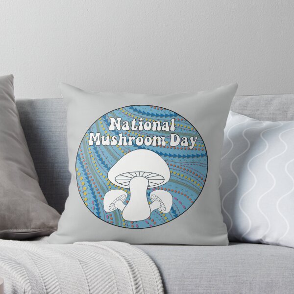 Item preview, National Mushroom Day - light blue background white letters round designed and sold by FlorenciaBliss.