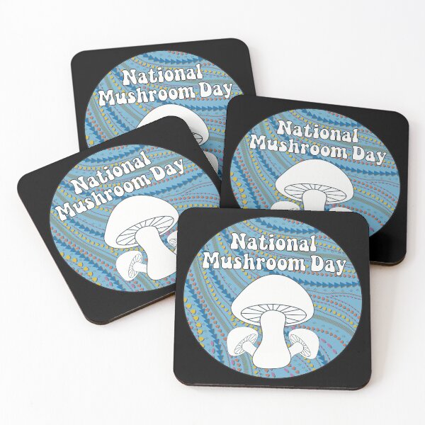 Item preview, National Mushroom Day - light blue background white letters round designed and sold by FlorenciaBliss.