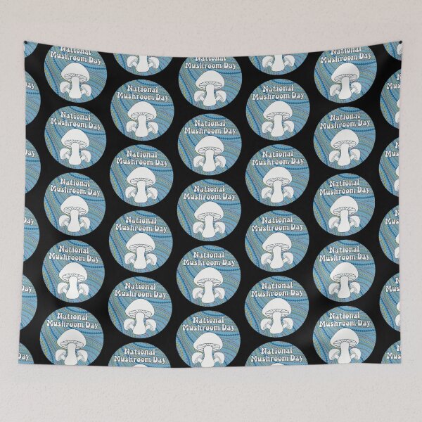 Item preview, National Mushroom Day - light blue background white letters round designed and sold by FlorenciaBliss.