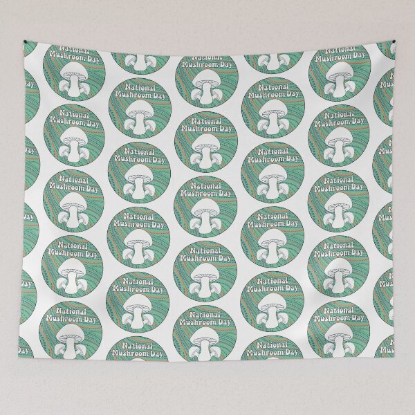Item preview, National Mushroom Day - light green background white letters round designed and sold by FlorenciaBliss.