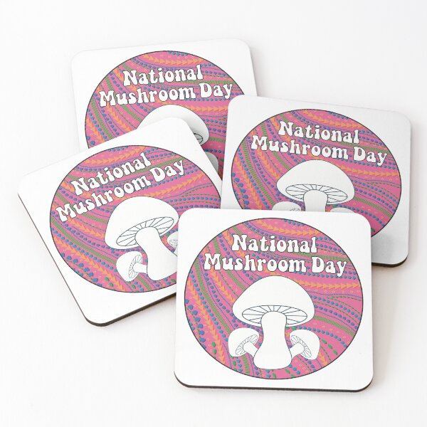 Item preview, National Mushroom Day - bubblegum pink background white letters round designed and sold by FlorenciaBliss.