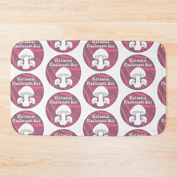 Item preview, National Mushroom Day - bubblegum pink background white letters round designed and sold by FlorenciaBliss.
