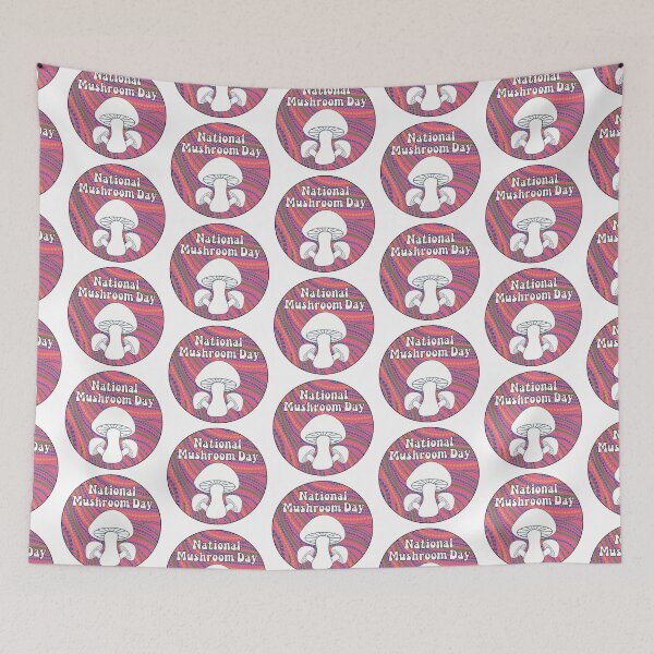 Item preview, National Mushroom Day - bubblegum pink background white letters round designed and sold by FlorenciaBliss.