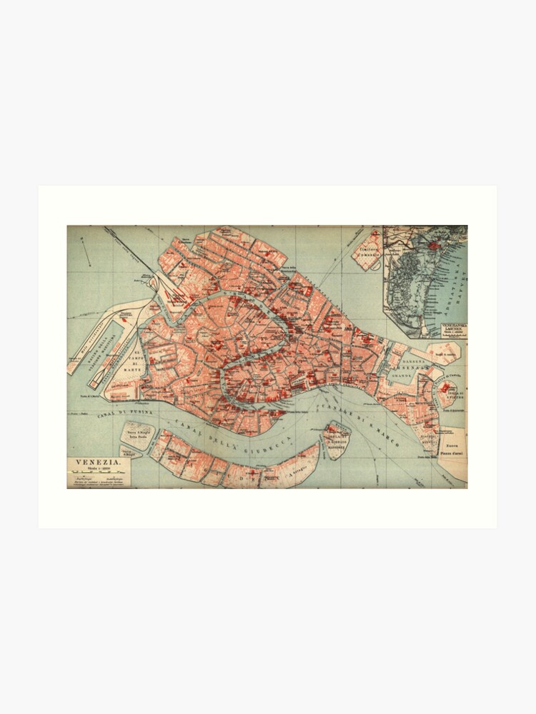 Classic Map of Venice Italy (1920) Artwork Print image relating to Printable Map of Venice titled Traditional Map of Venice Italy (1920) Artwork Print