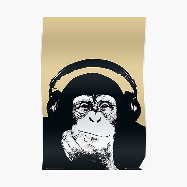 Banksy DJ Monkey Thinker with Headphones White Poster