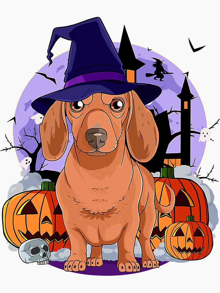 Cute halloween dog with pumpkins and witch hat | Sticker