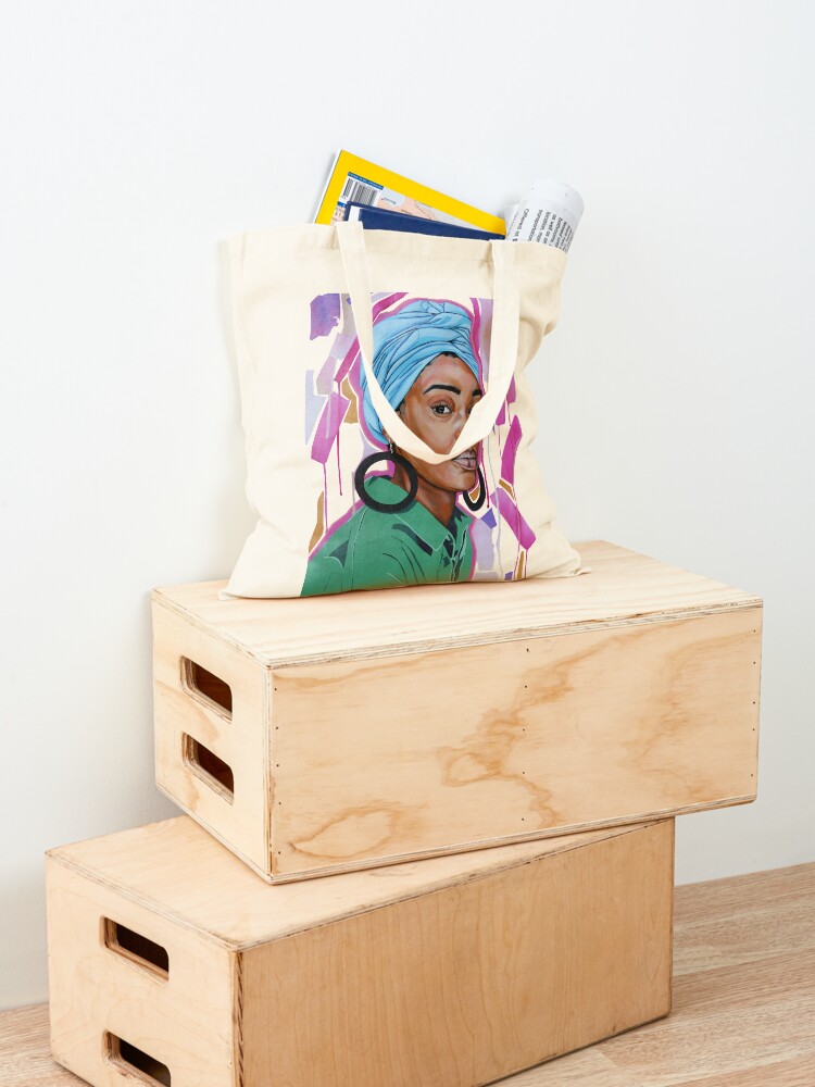 Thumbnail 4 of 5, Tote Bag, Light blue head wrap with hoops designed and sold by mikelahl.