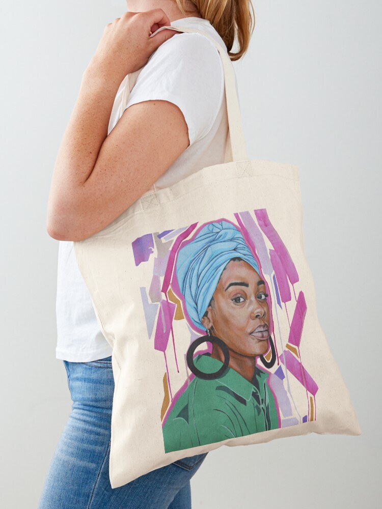 Thumbnail 1 of 5, Tote Bag, Light blue head wrap with hoops designed and sold by mikelahl.