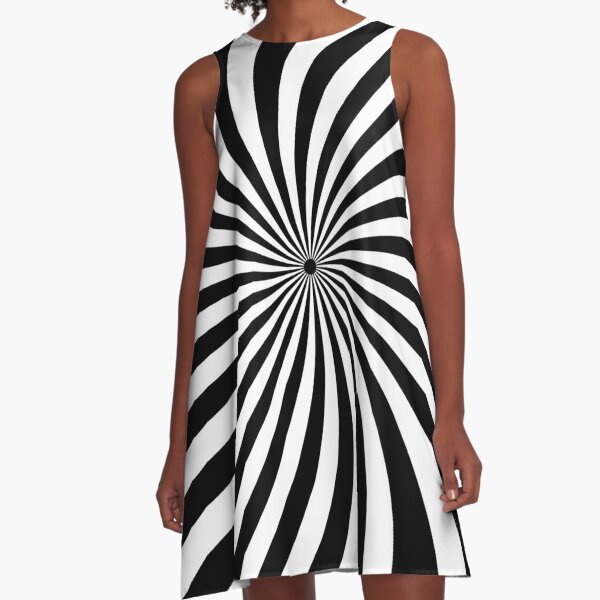 Retro 60s 70s - Black And White Spiral - Vintage Two Tone A-Line Dress
