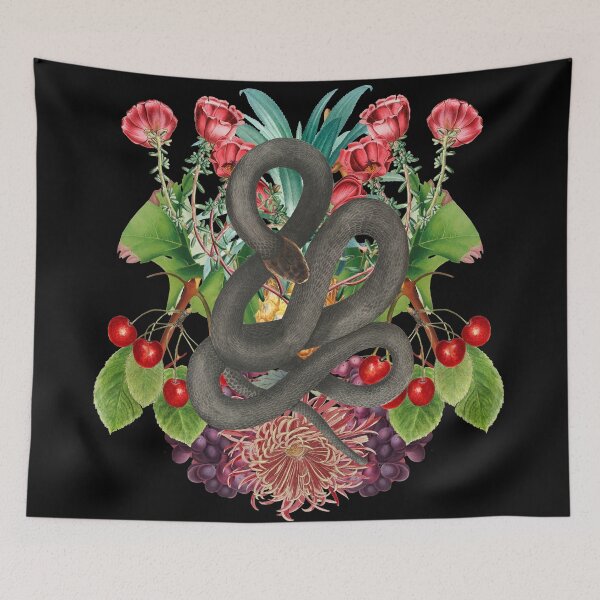 Item preview, Black Mamba Snake Vintage Design With Retro Cool Flowers And Juicy Red Cherries designed and sold by TrulyEpoque.