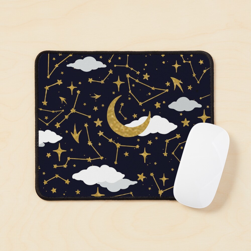 Celestial Stars and Moons in Gold and White Mouse Pad