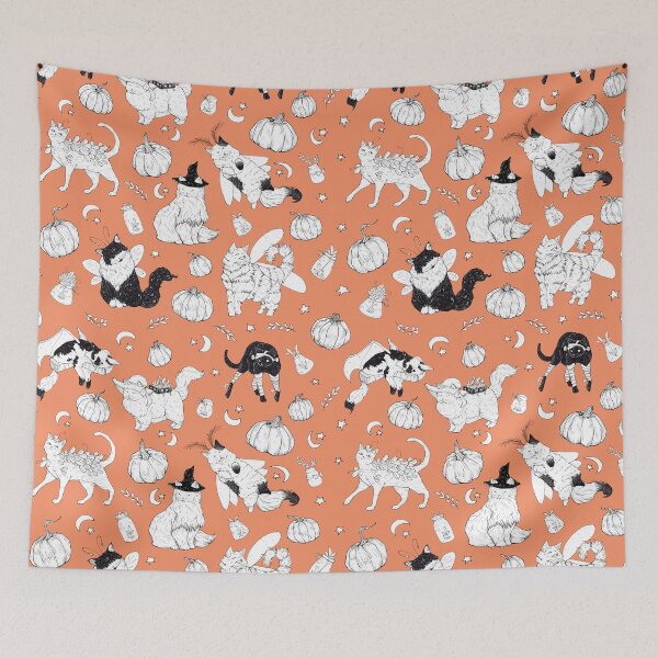 Item preview, Costumed Cats Spooky Autumn Orange Pattern designed and sold by Shymoon-Art.
