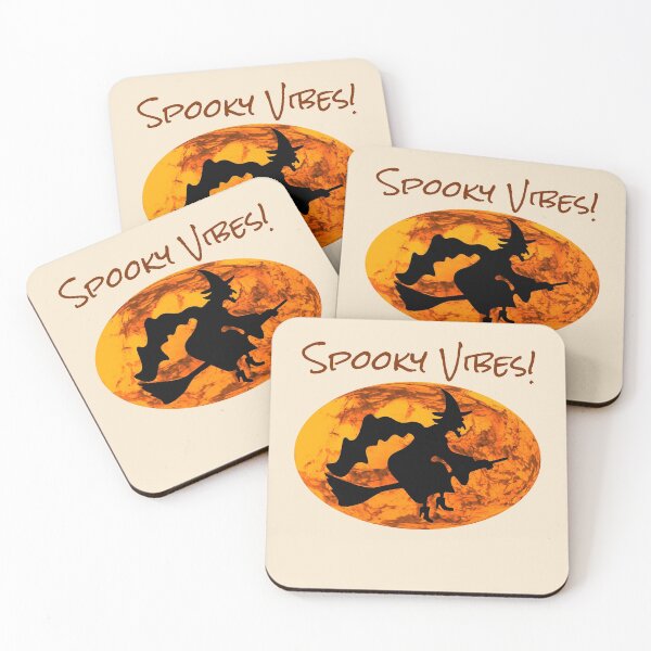 Item preview, Spooky Vibes! With Picture of a Witch Riding a Broomstick Against a Pumpkin Sky Background -- Dark text designed and sold by FoxyParrot.
