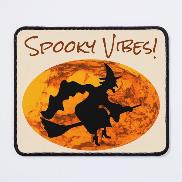 Item preview, Spooky Vibes! With Picture of a Witch Riding a Broomstick Against a Pumpkin Sky Background -- Dark text designed and sold by FoxyParrot.