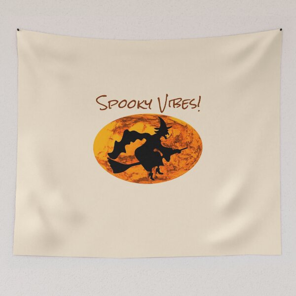 Item preview, Spooky Vibes! With Picture of a Witch Riding a Broomstick Against a Pumpkin Sky Background -- Dark text designed and sold by FoxyParrot.