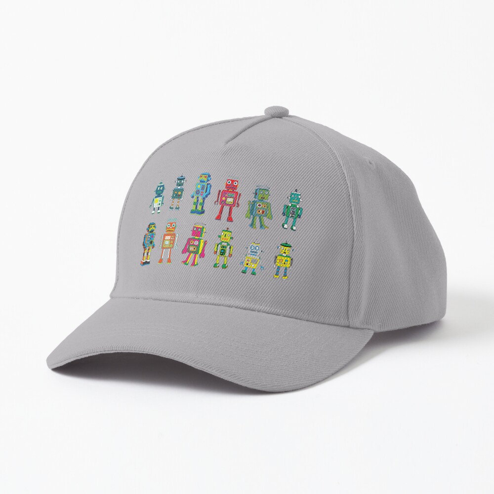 Robot Line-up on White - fun pattern by Cecca Designs Cap