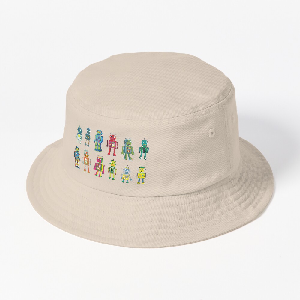 Robot Line-up on White - fun pattern by Cecca Designs Bucket Hat
