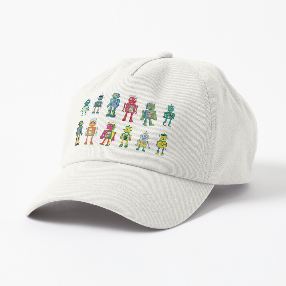 Robot Line-up on White - fun pattern by Cecca Designs Cap