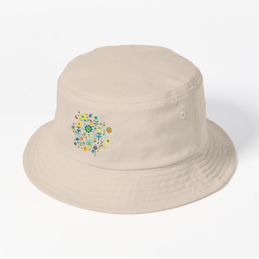 Ducks and Frogs in the Garden - Aqua and Lemon - floral pattern by Cecca Designs Bucket Hat