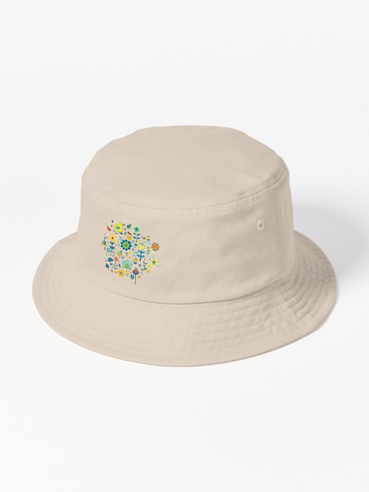 Thumbnail 1 of 6, Bucket Hat, Ducks and Frogs in the Garden - Aqua and Lemon - floral pattern by Cecca Designs designed and sold by Cecca-Designs.