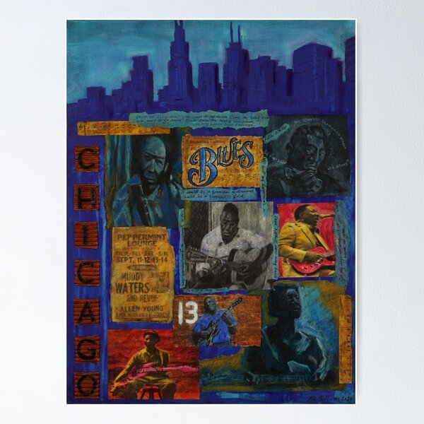 Item preview, Chicago Blues, Mixed media and collage: Muddy Waters, Little Walter, Hound Dog Taylor and Howling Wolf designed and sold by AliSullivanArt.
