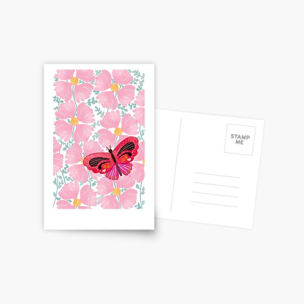 pink flowers red butterfly Postcard